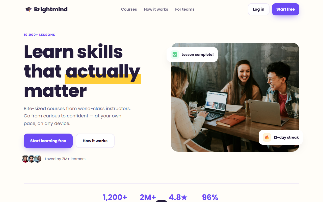Brightmind online learning website preview