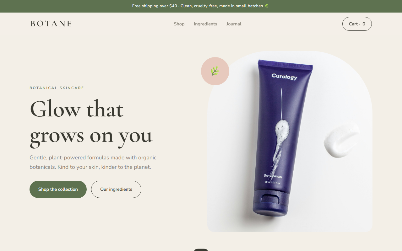 BOTANE clean skincare website preview